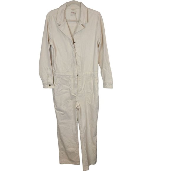 Faherty Womens M Natural Long Sleeves Button Front Overland Twill Jumpsuit NWT